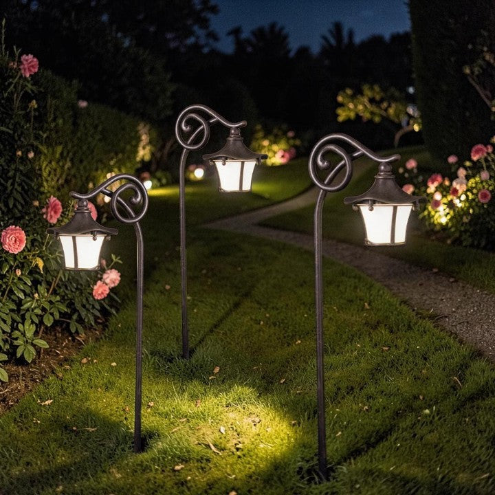 Lantern Style Path Light, Curved Stem Bronze Finish, Garden Lighting
